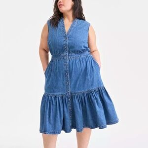 On 34th - Tiered Cotton Denim Blue Sleeveless Button Front Midi Dress - 2X